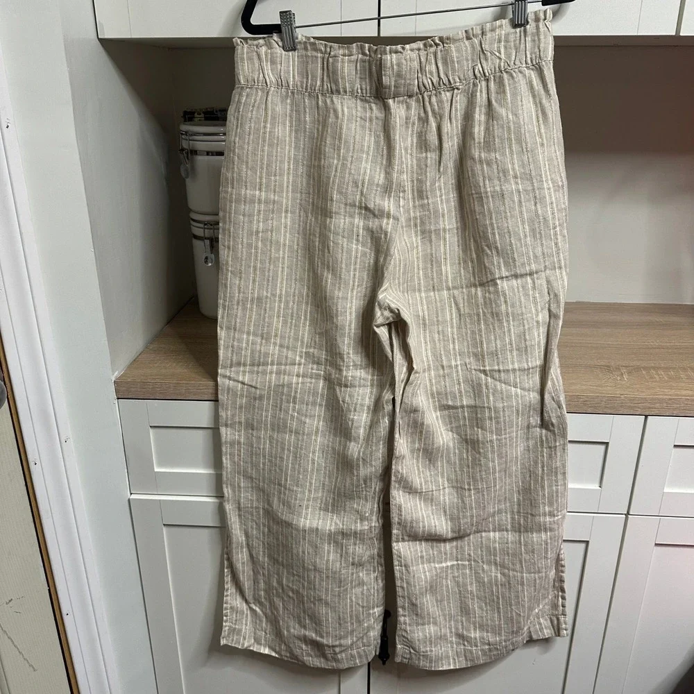 Magaschoni Linen Pants Womens L Pull On Striped Metallic Wide Leg Paperbag Waist - Picture 2 of 15